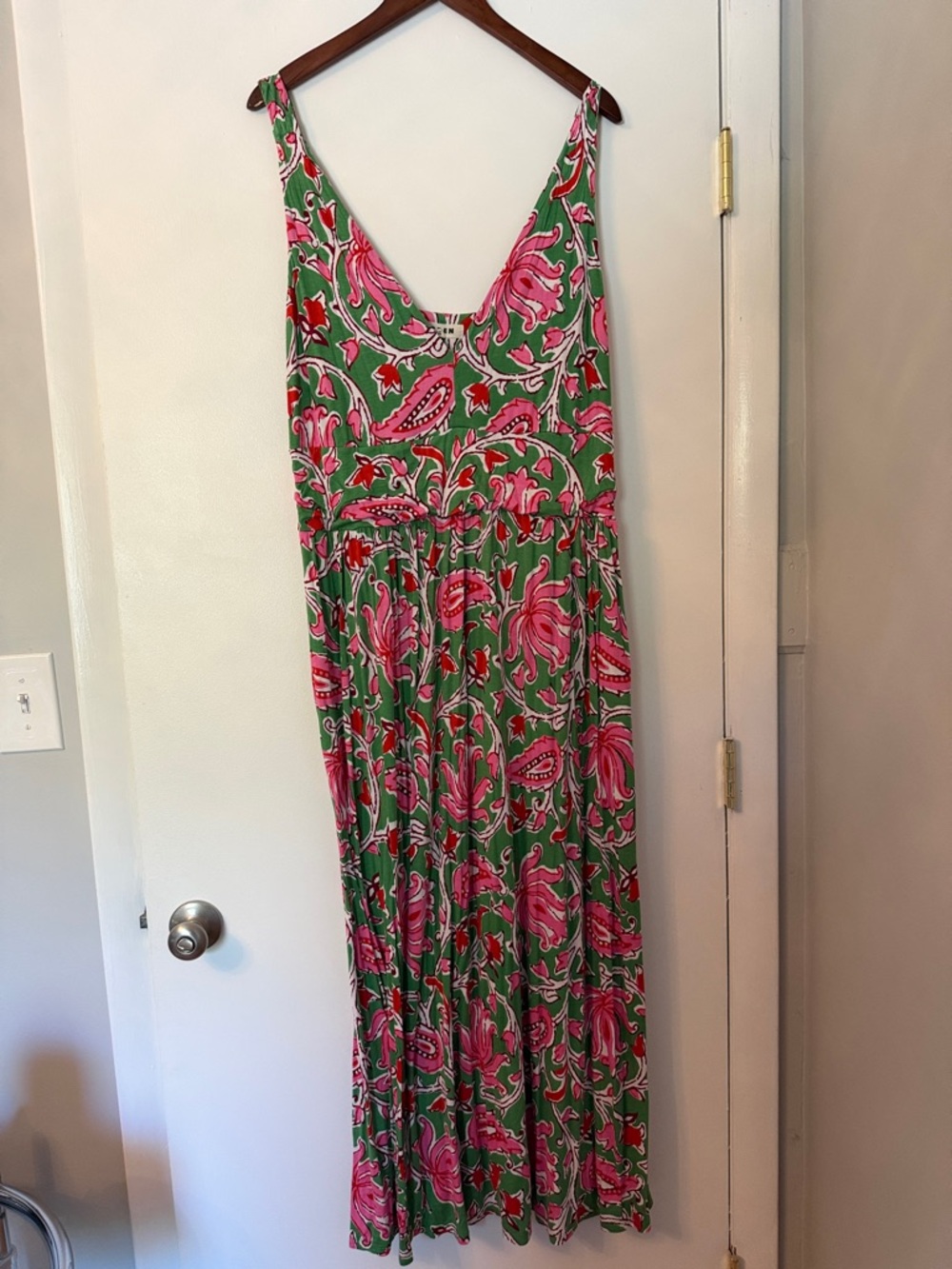 Boden Green and Pink Floral Tiered Maxi Dress